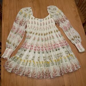 Hemant and Nandita Ivory Floral Mini Dress with Pink and Yellow Accents